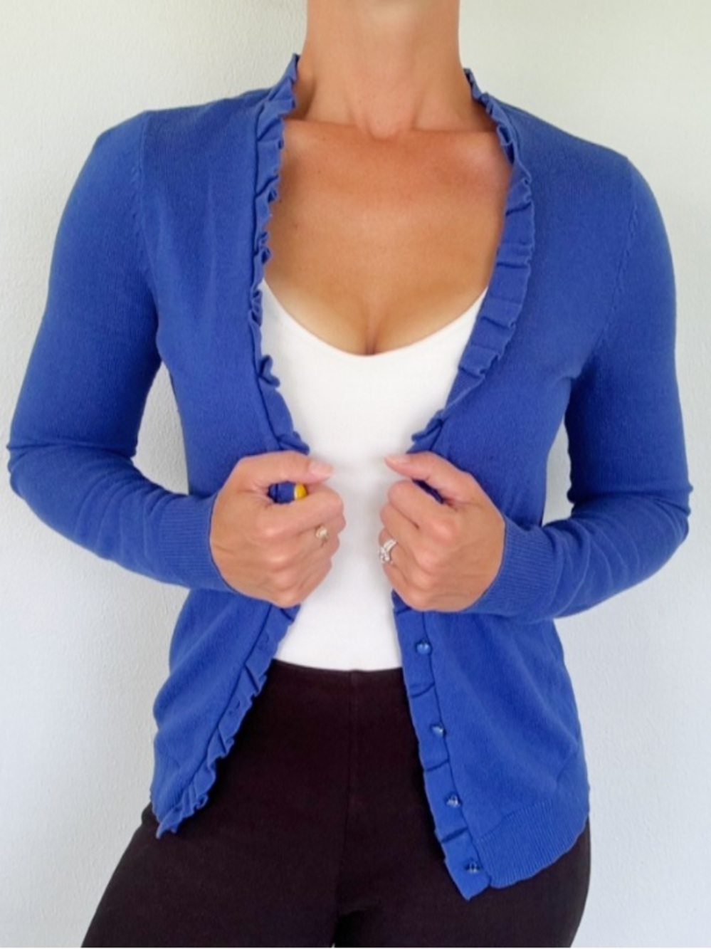 New York & Company royal blue ruffle trim v-neck cotton cardigan sweater size XS